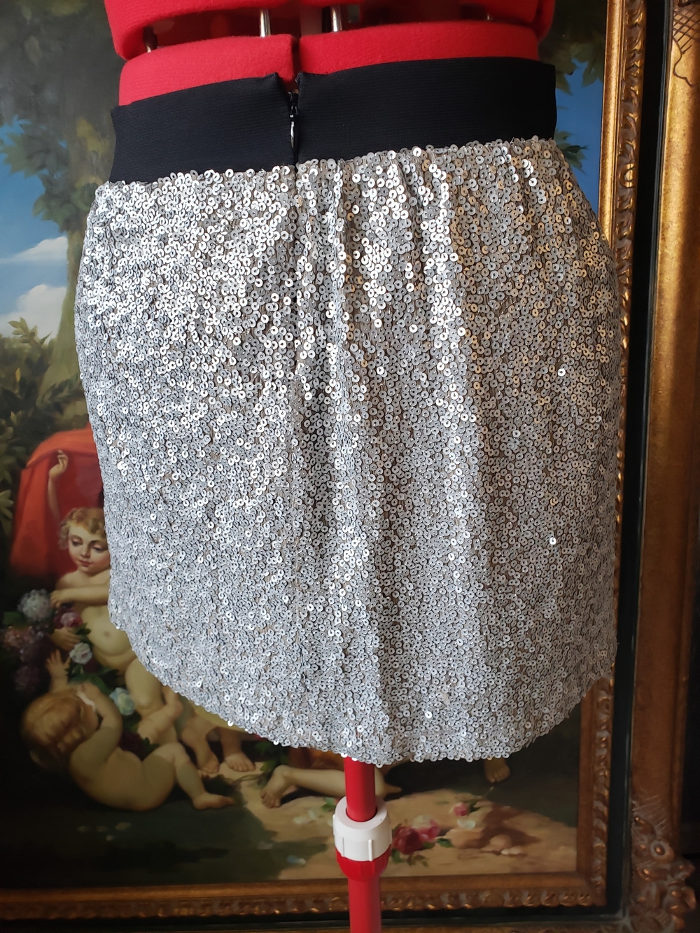Robbi & Nikki by Robert Rodriguez Silver Sequin Mini Skirt with Black Waistband